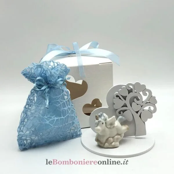 Unicorno in porcellana con led su base legno con albero della vita Mariella Martini