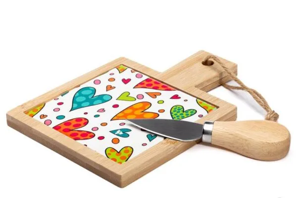 Tagliere in legno e maiolica con coltello Cuorematto D6675