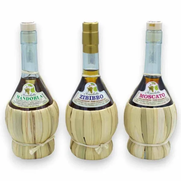 Fiasco in vetro rivestito di paglia con 3 tipi di vini liquorosi siciliani