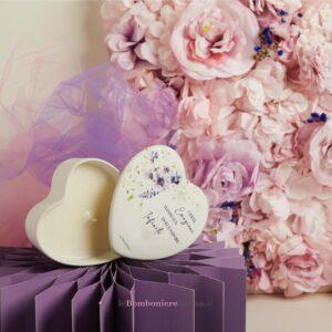 Scatola cuore in porcellana con candela decoro floreale lilla Claraluna 26025-CAND